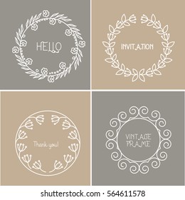 Vector - abstract design templates with space for text in trendy linear style - set of floral wreaths and borders for invitations and banners