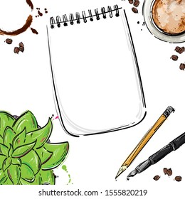 Vector abstract desktop illustration with coffee mug, notebook, pen, pencil and plant. View from above