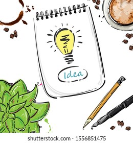 Vector abstract desktop illustration with coffee mug, notebook, pen, pencil and plant. View from above