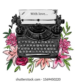 Vector abstract desktop illustration with typewriter.Valentine's Day Greeting Card
