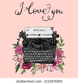 Vector abstract desktop illustration with typewriter.Valentine's Day Greeting Card