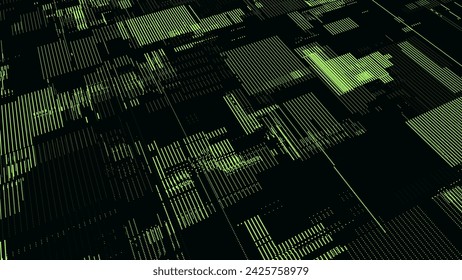 Vector abstract digital background. Green matrix cyberspace with moving data. Technology cyber security futuristic space. Concept hacking, sorting and analysis big data. Binary code dots flow.
