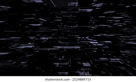 Vector abstract digital background. Purple matrix cyberspace with moving data. Technology cyber security futuristic space. Concept hacking, sorting and analysis big data. Binary code dots flow.