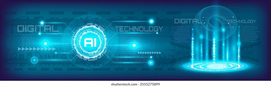 Vector abstract digital background showcasing AI and high-tech concepts, featuring blue light and cyberspace elements, perfect for technology and innovation themes.	
