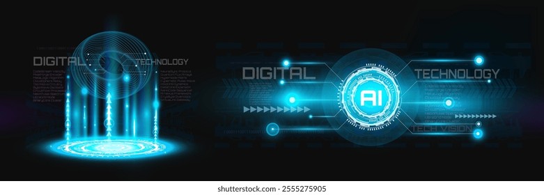 Vector abstract digital background showcasing AI and high-tech concepts, featuring blue light and cyberspace elements, perfect for technology and innovation themes.	
