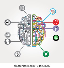 vector abstract digital brain with left and right human brain hemispheres