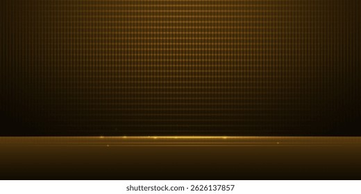 Vector abstract digital technology. Illustration element with light, line pattern, space, dot, geometric shape on gold color background. Modern graphic design for template. Futuristic, science concept