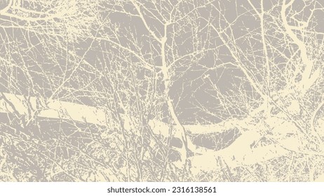 Vector abstract dirty grunge background with tree branches chaotic tangled in winter with snow on it.