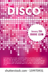 Vector abstract disco party invitation in pink colors and white texts.