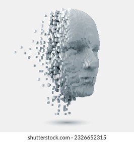 Vector abstract disintegrating human face. 3D illustration of a human head constructed by cubes. Visual representation of identity created by artificial intelligence. Machine learning concept.