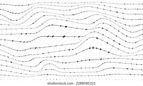 Vector abstract distorted grid. Futuristic wireframe wave with effect glitch. Creative black lines with curved perspective mesh.