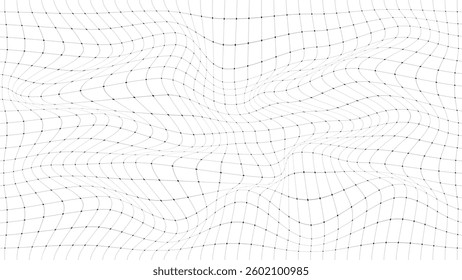 Vector abstract distorted grid. Futuristic wireframe wave with effect glitch. Creative white lines with curved perspective mesh.
