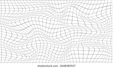 Vector abstract distorted grid. Futuristic wireframe wave with effect glitch. Creative white lines with curved perspective mesh.