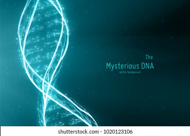 Vector abstract DNA double helix illustration. Mysterious source of life background. Genom futuristic image. Conceptual design of genetics information.