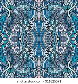 Vector abstract doodle background seamless pattern, hand drawn geometric and floral repeating texture. Tribal ethnic arabic indian ornament.