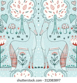 Vector abstract doodle design, nature background with fox, trees, flowers and mushrooms