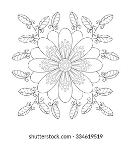 Vector abstract doodle flower with swirls and dots. Monochrome flower.