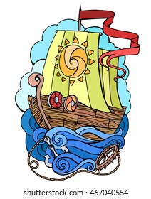 Vector abstract doodle illustration of a sea ship. Print Element T-shirts, postcards of your creativity