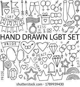 Vector abstract Doodle LGBT pattern and icons. Handwritten pride, love, peace inscription with a rainbow. A symbol of LGBT rights, isolated.