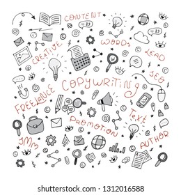 Vector abstract doodle outline illustration. Copywriter, copywriting, content, lead, words, text, author, promotion, SMM, freelance, creative, writer, b2b
