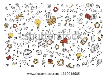 Vector abstract doodle outline illustration. Copywriter, copywriting, content, lead, words, text, author, promotion, SMM, freelance, creative, writer, b2b