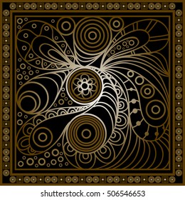 Vector abstract doodle pattern. Hand drawn geometrical ornaments, wavy stripes and fantasy leaves with flower.Textile gold vintage print. 