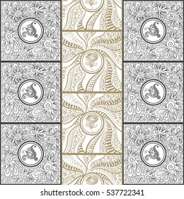 Vector abstract doodle pattern (texture, background). Hand drawn geometrical ornaments, fantasy leaves with flower. Textile patchwork vintage print.