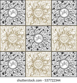 Vector abstract doodle pattern (texture, background). Hand drawn geometrical ornaments with fantasy heart (symbol of love) and Cupid. Textile patchwork vintage print.