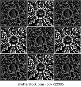 Vector abstract doodle pattern (texture, background). Hand drawn geometrical ornaments with fantasy fruit (apple, pear, pineapple, lemon). Textile patchwork vintage print.