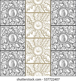 Vector abstract doodle pattern (texture, background). Hand drawn geometrical ornaments with fantasy fruit (apple, pear, pineapple, lemon). Textile patchwork vintage print.