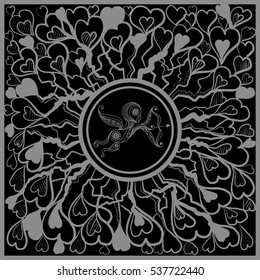 Vector abstract doodle pattern (texture, background). Hand drawn geometrical ornaments with fantasy heart (symbol of love) and Cupid. Textile vintage print.