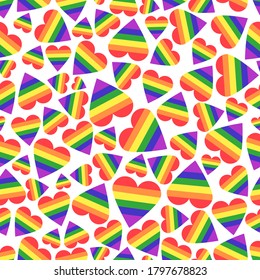 Vector abstract doodles seamless pattern. Hearts with rainbow. LGBT rights symbol. Rainbow striped hearts icons seamless pattern. LGBT community concept.Gay Pride Month celebration. Vector stock