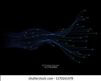 Vector abstract dots lines light blue and green colors on black background in concept technology, communication, digital, ai, science.