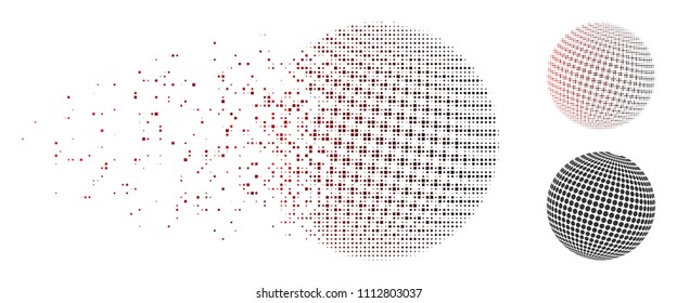 Vector abstract dotted sphere icon in dissolved, dotted halftone and undamaged entire variants. Disintegration effect uses square sparks and horizontal gradient from red to black.