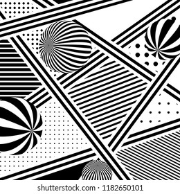 Vector abstract dotted and striped background with striped spheres in black and white.