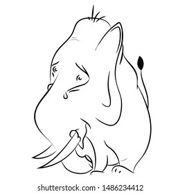 Vector abstract drawing of a baby elephant with a tear, made in a black outline on a white background