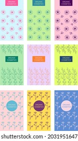 Impresión floral dibujada abstracta vectorial. Cosméticos orgánicos. Flores. Hierbas. 
Esquema. Plantilla de diseño de eps verticales  
para el embalaje o la etiqueta de productos de la industria de la belleza.
