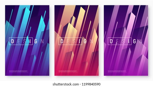 Vector abstract dynamic geometric backgrounds, colorful minimal cover designs, futuristic posters with stylized urban cityscape. Global swatches.