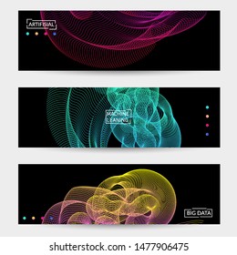 Vector abstract dynamic gradient waves, curvy line on black backgrounds. Modern web banner template with fluid blended curves and bright dots.