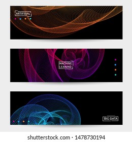 Vector abstract dynamic gradient waves, curvy line on black backgrounds. Modern web banner template with fluid blended curves and bright dots.