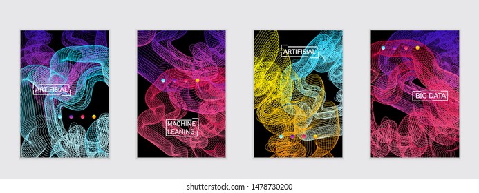 Vector abstract dynamic gradient waves, curvy line on black backgrounds. Modern flyer template with fluid blended curves and bright dots.
