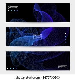 Vector abstract dynamic gradient waves, curvy line on black backgrounds. Modern web banner template with fluid blended curves and bright dots.