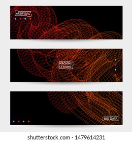 Vector abstract dynamic gradient waves, curvy line on black backgrounds. Modern web banner template with fluid blended curves and bright dots.
