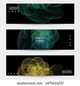 Vector abstract dynamic gradient waves, curvy line on black backgrounds. Modern web banner template with fluid blended curves and bright dots.