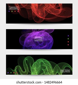 Vector abstract dynamic gradient waves, curvy line on black backgrounds. Modern web banner template with fluid blended curves and bright dots.
