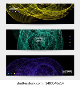 Vector abstract dynamic gradient waves, curvy line on black backgrounds. Modern web banner template with fluid blended curves and bright dots.