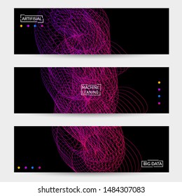 Vector abstract dynamic gradient waves, curvy line on black backgrounds. Modern web banner template with fluid blended curves and bright dots.