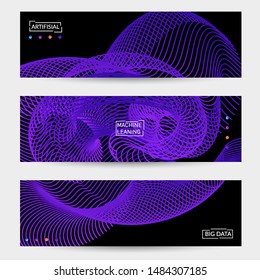 Vector abstract dynamic gradient waves, curvy line on black backgrounds. Modern web banner template with fluid blended curves and bright dots.