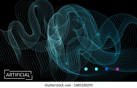 Vector abstract dynamic gradient waves, curvy line on black backgrounds. Modern web template or landing page with fluid blended curves and bright dots.
