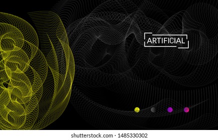 Vector abstract dynamic gradient waves, curvy line on black backgrounds. Modern web template or landing page with fluid blended curves and bright dots.